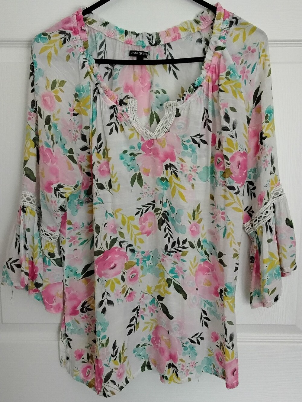 Ava & Grace White Floral Blouse with Pink & Teal Flowers